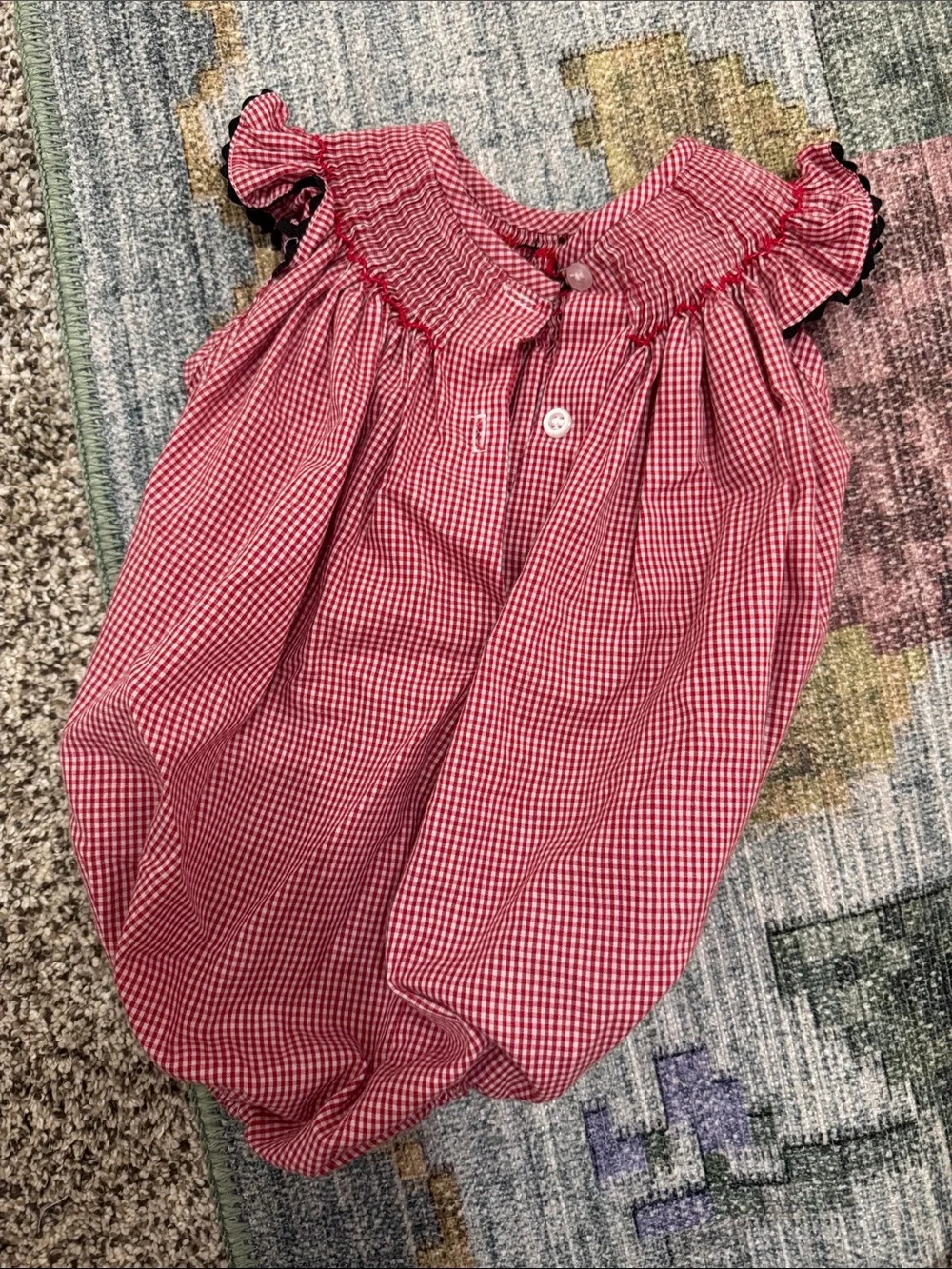 Classic Whimsy Red Gingham Baby Romper with Minnie Mouse Smocking